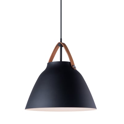 Maxim Lighting Nordic Pendant with tan leather and black finish, featuring a sleek aluminum design, hanging elegantly in a modern interior setting.