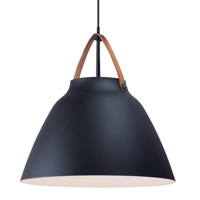 Maxim Lighting Nordic Pendant in Aluminum finish, featuring a sleek design with Tan Leather and Black accents, hanging elegantly in a modern setting.