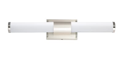 Maxim Lighting Optic Bath Vanity in Satin Nickel finish, featuring a sleek aluminum frame with modern design elements and frosted glass shades.