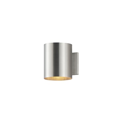 Maxim Lighting Outpost Outdoor Wall Sconce in Brushed Aluminum finish, featuring a sleek, modern design with a cylindrical shape and clear glass.