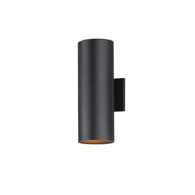 Maxim Lighting Outpost Outdoor Wall Sconce in black aluminum finish, featuring a sleek, modern design with a cylindrical shape and clear glass shade.