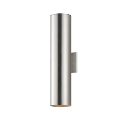 Maxim Lighting Outpost Outdoor Wall Sconce in Brushed Aluminum finish, featuring a sleek, modern design with a cylindrical shape and clear glass panels.