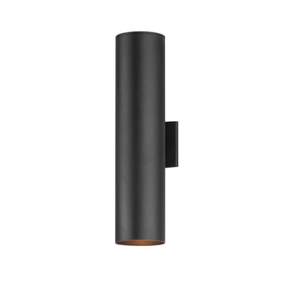 Maxim Lighting Outpost Outdoor Wall Sconce in Black Aluminum finish, featuring a sleek, modern design with a cylindrical shape and clear glass shade.