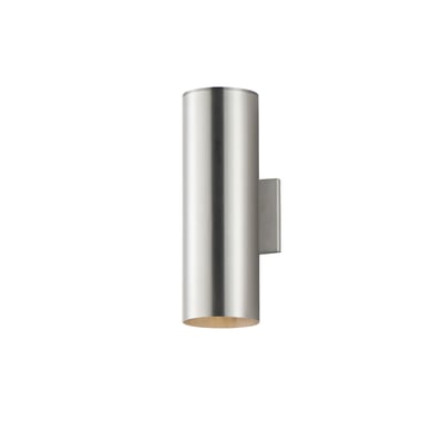Maxim Lighting Outpost Outdoor Wall Light in Brushed Aluminum finish, featuring a sleek, modern design with a cylindrical shape and clear glass shade.