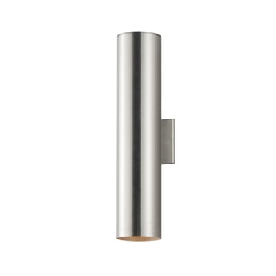 Maxim Lighting Outpost Outdoor Wall Light in Brushed Aluminum finish, featuring a sleek, modern design with a cylindrical aluminum frame and clear glass shade.
