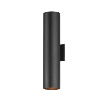 Maxim Lighting Outpost Outdoor Wall Light in Black finish, featuring a sleek aluminum frame with a cylindrical glass shade, mounted on an exterior wall.