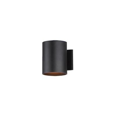 Maxim Lighting Outpost Outdoor Wall Light in Black finish, featuring a sleek aluminum frame with a clear glass shade, mounted on an exterior wall.