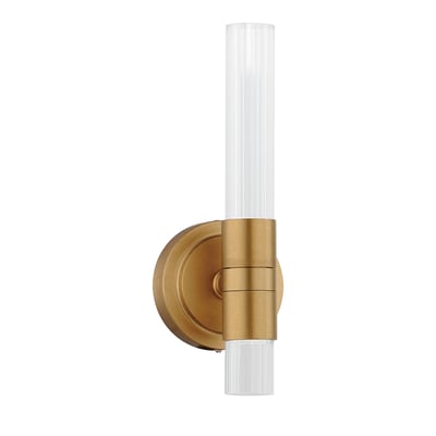 Maxim Lighting Ovation LED Wall Sconce with a sleek design, featuring a gold finish, steel frame, and glass accents, elegantly illuminates the space.