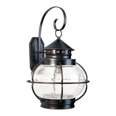 Maxim Lighting Portsmouth Outdoor Wall Mount in Oil Rubbed Bronze finish, featuring a classic lantern design with clear glass panes and aluminum construction.