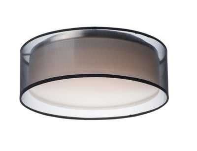 Maxim Lighting Prime LED Flush Mount with Black Organza finish, featuring a sleek steel frame, acrylic diffuser, and fabric accents.