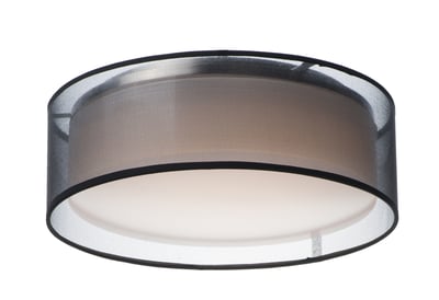 Maxim Lighting Prime LED Flush Mount with Black Organza finish, featuring a sleek steel frame and acrylic diffuser, complemented by fabric accents.