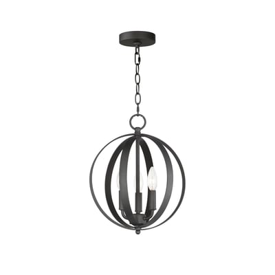 Maxim Lighting Provident Orb Chandelier in Black Steel finish, featuring a spherical design with multiple intersecting rings and exposed bulbs.