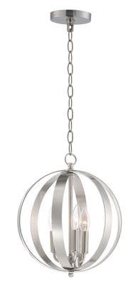Maxim Lighting Provident Orb Chandelier in a Satin Nickel finish, featuring a sleek, spherical design with steel accents and multiple light fixtures.