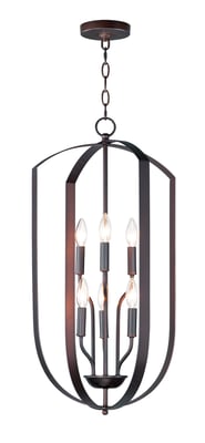 Maxim Lighting Provident Tall Chandelier in Oil Rubbed Bronze finish, featuring a sleek steel frame with multiple hanging lights.