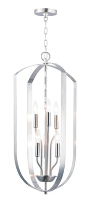 Maxim Lighting Provident Tall Chandelier in Satin Nickel finish, featuring a sleek, modern design with steel frame and multiple light fixtures.