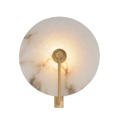 Maxim Lighting Quarry Wall Sconce in Natural Aged Brass finish, featuring a sleek design with a blend of Steel and Alabaster materials.