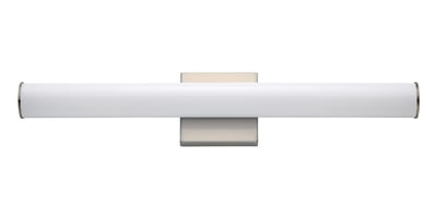 Maxim Lighting Rail Bathroom Vanity Light in Satin Nickel finish, featuring sleek aluminum bars and modern design, mounted above a bathroom mirror.