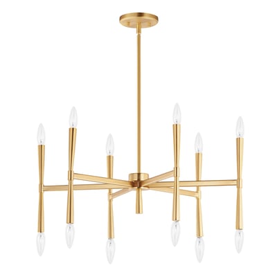 Maxim Lighting Rome Chandelier in Satin Brass finish, featuring a modern design with multiple steel arms extending from a central sphere, holding exposed bulbs.