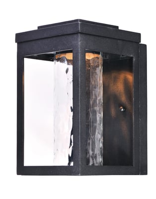 Maxim Lighting Salon Outdoor Wall Light in Black finish, featuring a sleek Aluminum frame with a modern design, illuminating a warm glow.
