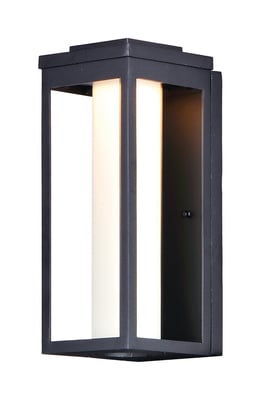 Maxim Lighting Salon Outdoor Wall Light in Black finish, featuring a sleek Aluminum frame with a modern design, mounted on an exterior wall.