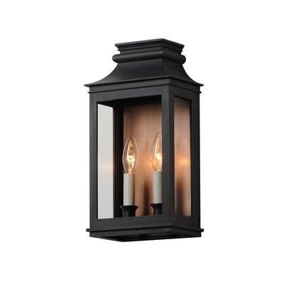 Maxim Lighting Savannah VX Outdoor Wall Sconce in Antique Copper with Black finish, made of durable Aluminum, mounted on a textured wall.