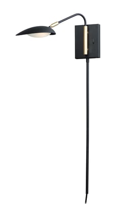 Maxim Lighting Scan Pin-up Wall Light in Black with Satin Brass finish, featuring an adjustable aluminum arm and sleek modern design.