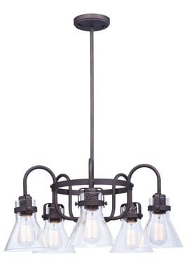 Seafarer Chandelier by Maxim Lighting in Oil Rubbed Bronze finish, featuring a steel frame with glass accents, hanging in a modern living room.