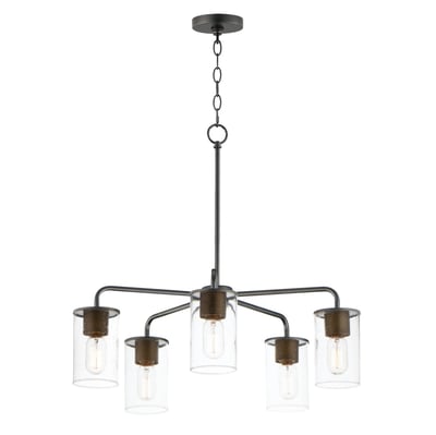 Sleek Chandelier by Maxim Lighting in Antique Brass with Black finish, featuring a modern design with steel and glass elements.
