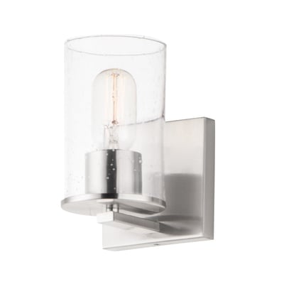 Maxim Lighting Sleek Bath Wall Sconce in Satin Nickel finish, featuring a modern design with steel and glass elements, mounted on a bathroom wall.