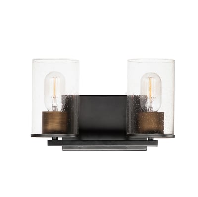 Maxim Lighting Sleek Bath Vanity in Antique Brass with Black finish, featuring a modern design with steel and glass elements, mounted on a bathroom wall.
