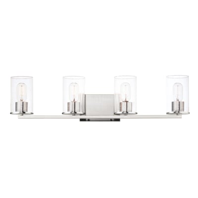 Maxim Lighting Sleek Bath Vanity with a Satin Nickel finish, featuring a modern design with steel and glass elements, elegantly illuminating the space.