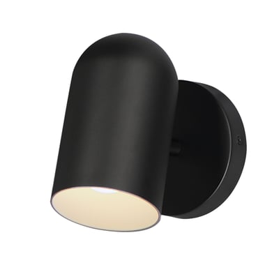 Maxim Lighting SpotLight Outdoor Sconce in Black finish, made of Aluminum, mounted on a wall, illuminating a warm glow.