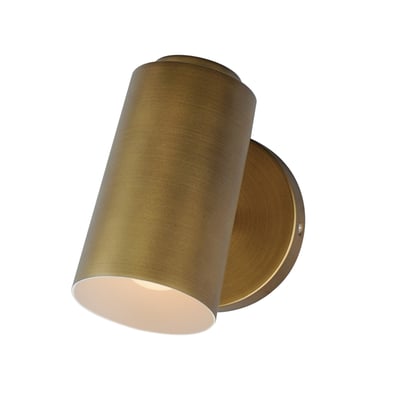 Maxim Lighting SpotLight Outdoor Cylinder Wall Sconce in Natural Aged Brass finish, made of Aluminum, mounted on a wall, emits warm light.
