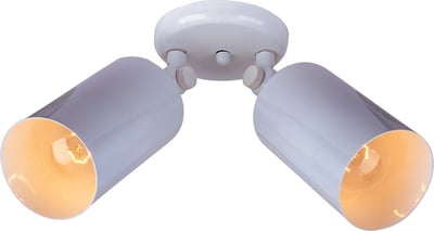 Maxim Lighting Spots Double Outdoor Adjustable Spot Light in White finish, made of Aluminum, mounted on a wall, illuminating a garden area.