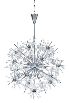 Maxim Lighting Starfire Chandelier with a polished chrome finish, featuring steel and crystal elements, elegantly suspended with sparkling detail.