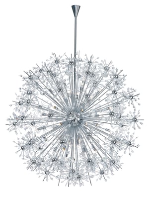 Maxim Lighting Starfire Chandelier with polished chrome finish, featuring cascading steel and crystal elements, elegantly illuminating the space.
