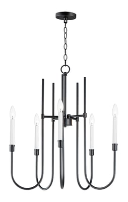 Maxim Lighting Tux Chandelier in Black Steel finish, featuring a sleek, modern design with multiple arms and exposed bulbs for an elegant touch.