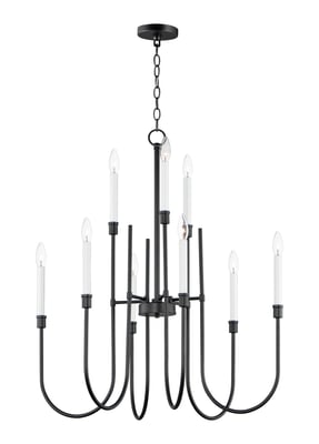 Maxim Lighting Tux Chandelier in Black Steel finish, featuring sleek, modern design with multiple curved arms and elegant bulb fixtures.