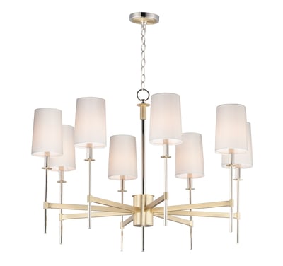 Maxim Lighting Uptown Chandelier featuring a modern design with satin brass and nickel finish, crafted from steel and fabric elements.