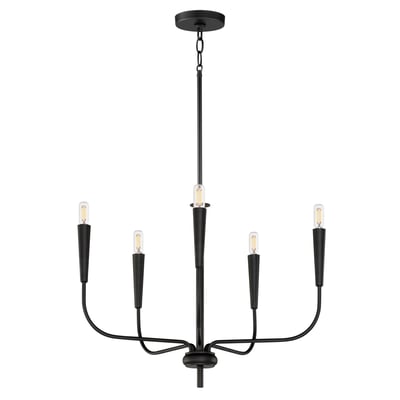Maxim Lighting Vela Chandelier in Black Steel finish, featuring a sleek, modern design with multiple arms and exposed bulbs.