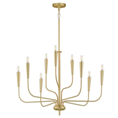 Maxim Lighting's Vela Chandelier in Satin Brass finish, featuring a modern steel frame with multiple candle-like lights elegantly arranged.