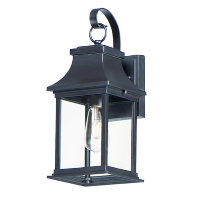 Maxim Lighting Vicksburg Outdoor Wall Light in Black Aluminum finish, featuring a classic lantern design with clear glass panels and decorative top finial.