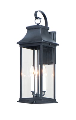 Maxim Lighting Vicksburg Outdoor Wall Light in Black Aluminum finish, featuring a classic lantern design with clear glass panels and decorative accents.