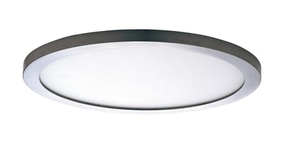Maxim Lighting Wafer RD LED Surface Mount in Satin Nickel finish, featuring a sleek aluminum and polycarbonate design with a warm 3000K light.