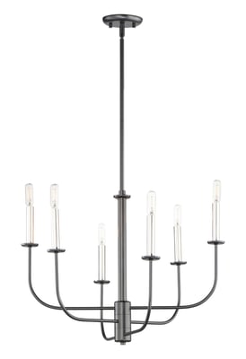 Maxim Lighting Wesley Chandelier in Black with Satin Nickel finish, featuring a modern steel design with multiple arms and exposed bulbs.