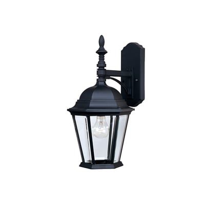 Maxim Lighting Westlake Cast Outdoor Wall Light in Black finish, featuring a classic lantern design made of durable Aluminum, mounted on a wall.