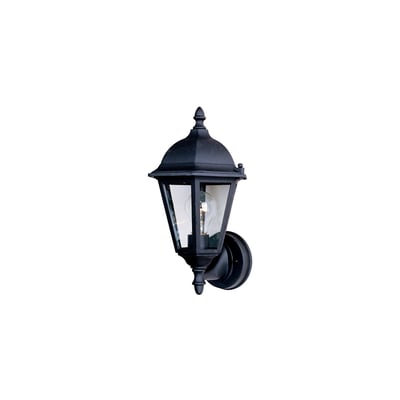 Maxim Lighting Westlake Cast Outdoor Wall Lantern in Black Aluminum finish, mounted on a brick wall, illuminating a garden path at dusk.