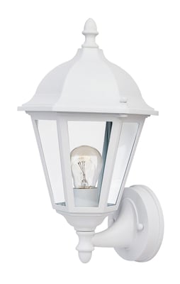Maxim Lighting Westlake Cast Outdoor Wall Lantern in White finish, made of Aluminum, mounted on a brick wall, illuminating a garden path.
