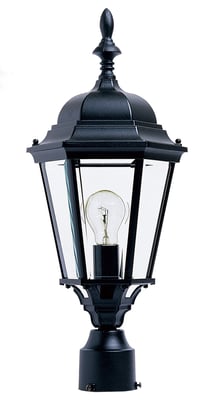 Maxim Lighting Westlake Outdoor Post Light in black finish, made of aluminum, features a classic lantern design with clear glass panels.