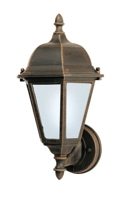 Maxim Lighting Westlake 65102 LED E26 Outdoor Wall Light in Rust Patina finish, made of Aluminum, mounted on an exterior wall.